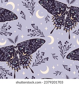 Seamless purple pattern with space butterfly, herbs, stars and berries. Contemporary composition. Trendy texture for print, textile, packaging.