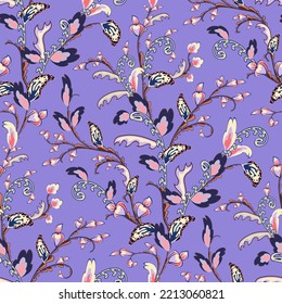 Patrón violeta sin foco con flores estilizadas. Fondo de flores oriental decorativo. Motismo turco o indio