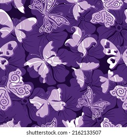 Seamless purple pattern with white flying butterflies  on flowers background. Vector eps 10