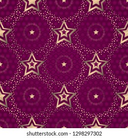 Seamless purple pattern wiith gradient golden rings and stars, vector eps 8