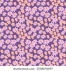 Seamless purple and peach floral pattern with daisy motifs.