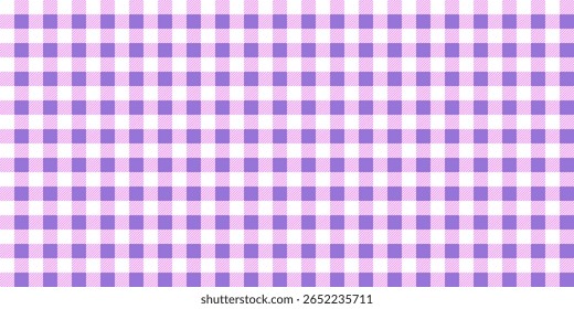 Seamless purple pink colored gingham pattern. Checkered textile texture. Classic lavender tones plaid fabric design cover, vichy print background for picnic tablecloth, clothing, wrapping paper. 
