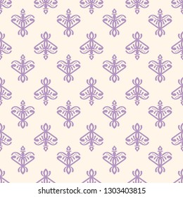 Seamless purple and pink decorative vector pattern with elegant openwork ornament. Abstract background for printing on paper, wallpaper, covers, textiles, fabrics, for decoration, decoupage, scrapbooking and other