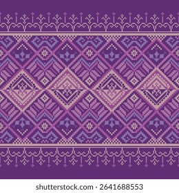 Seamless purple pixel art pattern with diamond forms and ornamental weaving, inspired by traditional Thai fabrics.