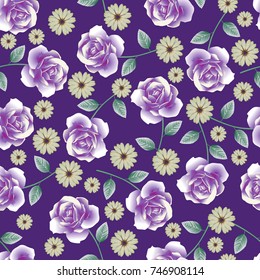 Seamless Purple Roses Pattern in Dark Deep Purple Background