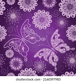 Seamless purple spring pattern with butterflies and flowers on a transparent background. Vector eps 10