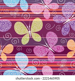 Seamless purple striped pattern with multicolored lace butterflies.Vector eps 10