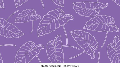 Patrón de hoja de taro púrpura sin costuras con delicado arte de línea blanca, ideal para impresiones textiles tropicales, diseños de Fondos de pantalla, empaques ecológicos, temas botánicos y decoración de superficies elegantes.