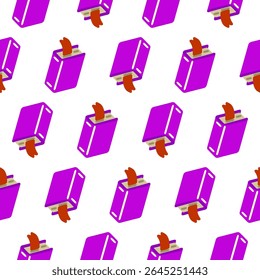 Seamless Purple Toaster Pattern. Bright seamless pattern with purple cartoon toasters and popping toast slices, arranged diagonally on white. Flat pop-style with bold color contrast.