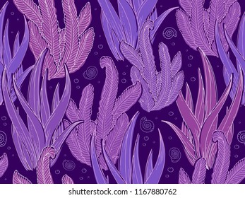 Seamless purple underwater pattern with repeated sea weeds with white contour. Sketchy iolet colorful print for textile, paper design, backgrounds. Ocean bottom hand drawn ornament on dark backgound