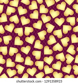 Seamless purple valentine pattern of randomly scattered gradient golden hearts on a fine grid, vector eps 8