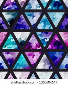Seamless purple watercolor pattern with triangle. Bright cosmos mosaic background