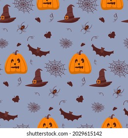 Seamless purple-orange pattern for Halloween. Scary pumpkin, hat, cobwebs, spider and bat. Color vector illustration of a flat style.