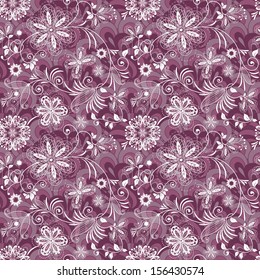 Seamless purple-white vintage pattern with flowers and butterflies (vector EPS 10)