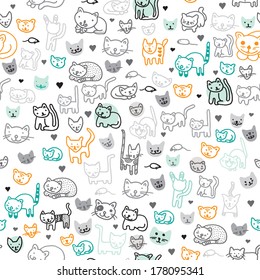 Seamless pussy cat and funny kitten illustration background pattern in vector