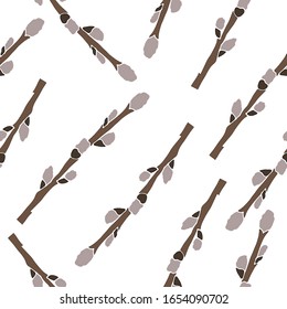 Seamless pussy-willow spring repeating pattern. Stock vector isolated spring background on white. Easter holiday decorations. Spring branches.