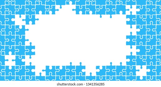 Seamless puzzle pattern. Mosaic, details, pieces, tails. Jigsaw background for presentation template. Simple modern design. Blue color. Flat style vector illustration.
