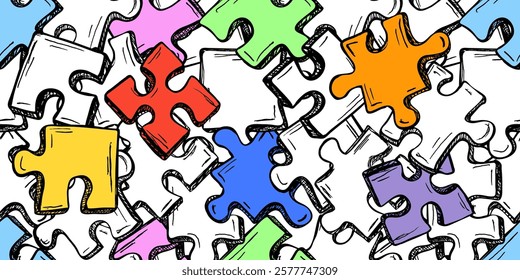 Seamless puzzle pattern. Trendy print with hand drawn pieces of puzzle. Modern design for textile, fabric, wallpaper, wrapping, scrapbook and packaging