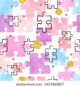 Seamless puzzle pattern. Vector colorful watercolor illustration with puzzle pieces