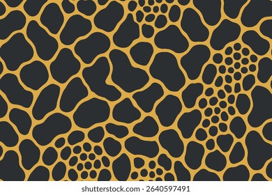 Seamless python skin pattern featuring large irregular black scales and spiral details on orange.