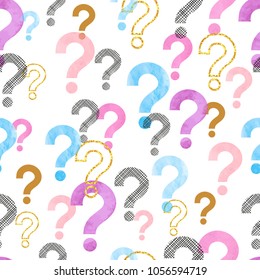 Seamless question mark pattern. Vector background with colorful watercolor symbols.