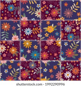 Seamless quilt design from stitched square snippets with floral embroidery. Patchwork pattern.