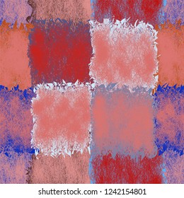 Seamless quilted pattern with grunge stained and striped square elements in red,blue,pink,white colors