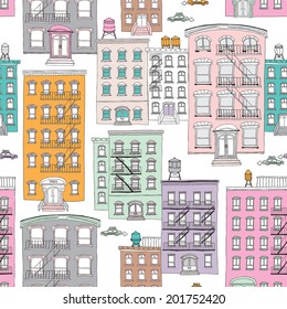 Seamless quirky brownstone homes new york city theme vintage style illustration background pattern in vector
