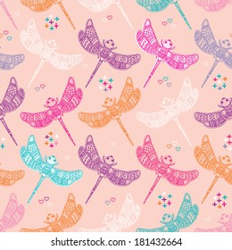 Seamless quirky colorful dragonfly kids illustration background pattern in vector