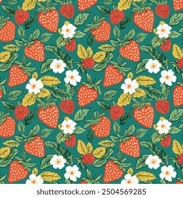 Seamless quirky fun strawberry pattern on a green background, featuring playful, vibrant berries and whimsical leaves. This cheerful design is perfect for lively and creative projects.