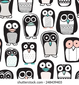 Seamless quirky kids penguin and owl illustration retro style black and white with pastel color pops background pattern in vector