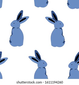 Seamless rabbit animal pattern cartoon on classic blue color vector.