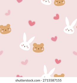 seamless rabbit and bear heads  with hearts around pattern , vector , illustration