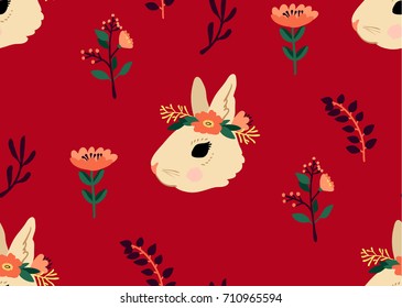 Seamless rabbit and flower pattern isolated on background. Vector illustration