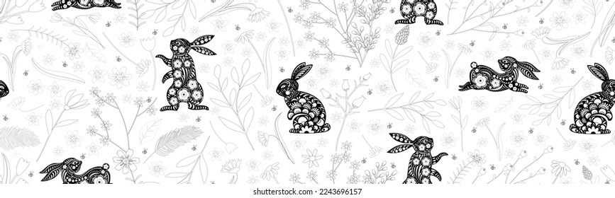 Seamless Rabbit Paper Cut with Doodle cute Flower,leave on White background,Vector Chinese New year Zodiac 2023 sign element,Fabric Pattern Easter Bunny with Floral fancy hare for Print Wrapping Paper