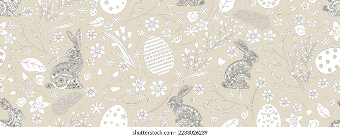 Seamless Rabbit Paper Cut with Easter Eggs,Doodles Flower and leave on Cream background,Vector Animal Zodiac 2023 sign element, Fabric Pattern Bunny with Floral fancy hare for Print Wrapping Paper