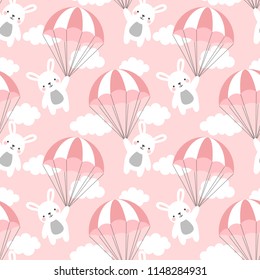 Seamless Rabbit Pattern Background, Happy cute bunny flying in the sky between colorful balloons and clouds, Cartoon Hare Bears Vector illustration for Kids