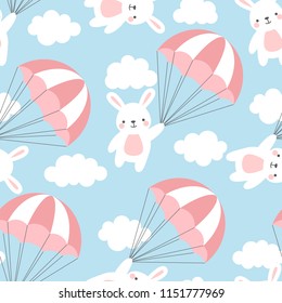 Seamless Rabbit Pattern Background, Happy cute bunny flying in the sky between colorful balloons and clouds, Cartoon Hare Bears Vector illustration for Kids