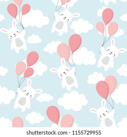 Seamless Rabbit Pattern Background, Happy cute bunny flying in the sky between colorful balloons and clouds, Cartoon Hare Bears Vector illustration for Kids