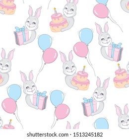 Seamless Rabbit Pattern Background, Happy cute bunny flying in the sky between colorful balloons and clouds, Cartoon Hare Bears Vector illustration for Kids
