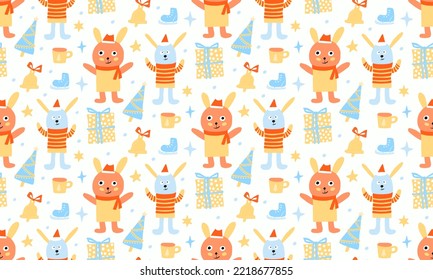 Seamless rabbit pattern. Christmas bunny white background. New year holiday gift paper. Wrapping and wallpaper. Kids textile. 