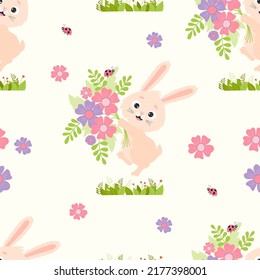 Seamless rabbit pattern. Cute bunny with bouquet and ladybug on white background with flowers and grass. Vector illustration with Summer happy hare for design, baby collection, packaging and wallpaper