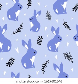 Seamless Rabbit Pattern, Cute Cartoon Vector Illustration. Domestic Animal. Can be used for textile, poster, wallpaper, birthday card.