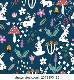 Seamless rabbit pattern with flowers, mushrooms, tulips, berries, abstract flowers, leaves, lavender on a green background used for wallpaper. Textiles and Prints