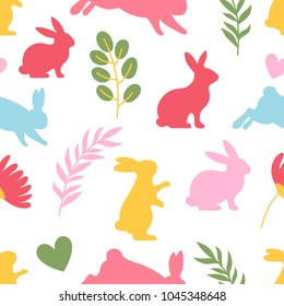 Seamless rabbit silhouette pattern with leaves and flowers to Easter holiday.
Vector illustration.