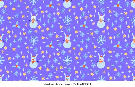 Seamless rabbit snow man pattern. Christmas bunny purple background. New year snowflake holiday blue gift paper. Wrapping and wallpaper. Kids textile. 