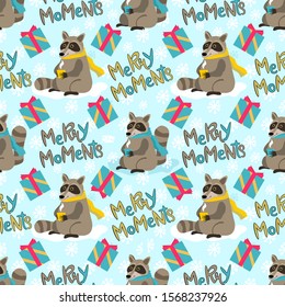 Seamless raccoon pattern in flat graphics. Vector Illustration. Raccoon in a scarf on a blue background with Christmas gifts. Raccoon is drinking tea from a mug.