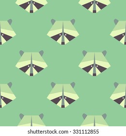 Seamless raccoon pattern in flat graphics. Raccoon vector Illustration on green forest background