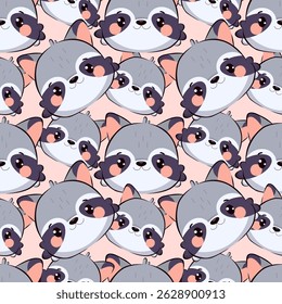 Padrão de guaxinim perfeito no estilo kawaii chibi. Rosto de desenho animado bonito e colorido em um fundo rosa. Perfeito para obras de arte infantil, adesivos, decoração de berçário, impressões e materiais educativos. Vetor