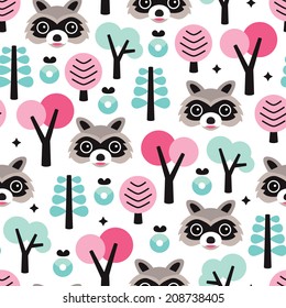 Seamless raccoon skunk woodland animal kids background vector pattern illustration in pastel 